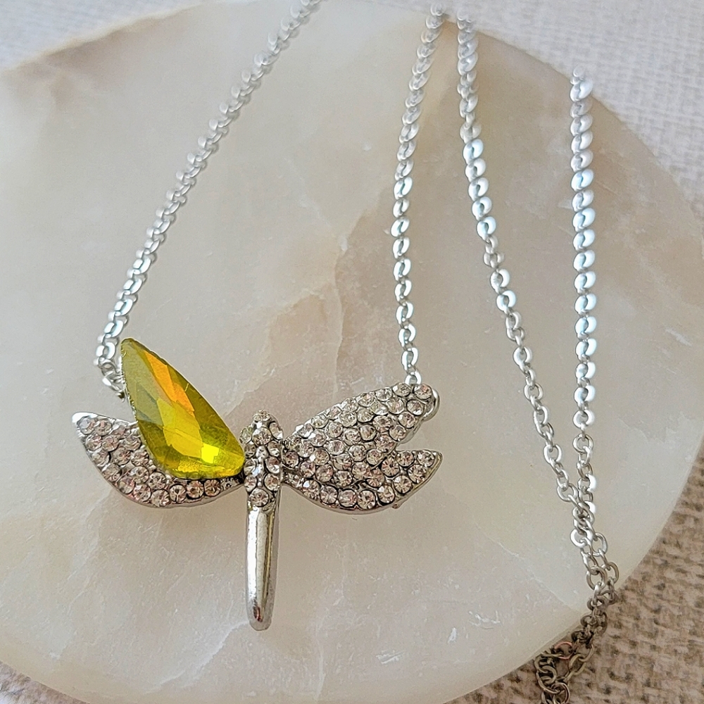 Dragonfly Necklace Rhinestone Pave Silver Tone